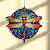 Dragonfly Acrylic Suncatcher, Round Blue and Orange Window Hanging Panel, Colorful Stained Glass Style Nature Inspired Home Decor Gift