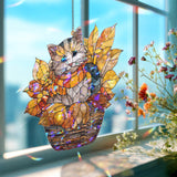 Autumn Cat Acrylic Suncatcher, Stained Glass Style Kitty in Basket with Fall Leaves, Cute Seasonal Window Hanging Home Decor Gift