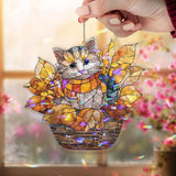Autumn Cat Acrylic Suncatcher, Stained Glass Style Kitty in Basket with Fall Leaves, Cute Seasonal Window Hanging Home Decor Gift