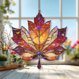Maple Leaf Acrylic Suncatcher, Stained Glass Style Autumn Window Hanging Panel, Fall Seasonal Nature Inspired Home Decor Gift