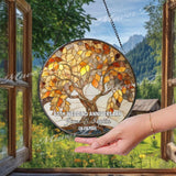 Tree of Life Stained Glass Suncatcher, Round Autumn Leaves, Nature Inspired Hanging Glass Art for Home Decor Gift, Ruby Wedding Anniversary