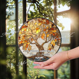 Tree of Life Stained Glass Suncatcher, Round Autumn Leaves, Nature Inspired Hanging Glass Art for Home Decor Gift, Ruby Wedding Anniversary