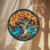 Fiery Tree of Life Stained Glass Suncatcher, Round Blue and Orange Window Panel, Spiritual Nature Inspired Glass Art Home Decor Gift