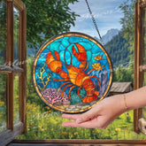 Lobster Stained Glass Suncatcher, Round Ocean Coral Reef Window Panel, Nautical Marine Life Glass Art Coastal Beach House Decor Gift