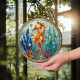 Seahorse Stained Glass Suncatcher, Round Ocean Coral Reef Window Panel, Nautical Marine Life Glass Art Coastal Beach House Decor Gift