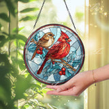 Cardinal Stained Glass Suncatcher, Red Bird and Sparrow Round Window Panel with Holly Berries, Winter Nature Glass Art Home Decor Gift