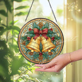 Christmas Bells Stained Glass Suncatcher, Round Holiday Window Panel with Holly, Pinecones and Red Bow, Festive Winter Home Decor Gift