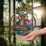 Owl Stained Glass Suncatcher, Round Wise Owl with Books and Coffee Window Panel, Reading Nook Glass Art Gift for Book Lovers and Teachers