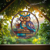 Owl Stained Glass Suncatcher, Round Wise Owl with Books and Coffee Window Panel, Reading Nook Glass Art Gift for Book Lovers and Teachers