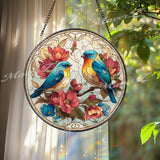 Bluebird Stained Glass Suncatcher, Round Window Panel with Colorful Birds and Flowers, Nature Inspired Glass Art Spring Home Decor Gift