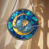Baby Elephant Stained Glass Suncatcher, Round Moon and Stars Window Panel, Nursery Room Glass Art Gift for Baby Shower or Kids Home Decor