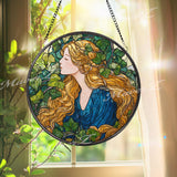Goddess Stained Glass Suncatcher, Round Art Nouveau Woman with Golden Hair and Ivy Window Panel, Mythical Nature Glass Art Home Decor Gift