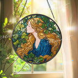 Goddess Stained Glass Suncatcher, Round Art Nouveau Woman with Golden Hair and Ivy Window Panel, Mythical Nature Glass Art Home Decor Gift