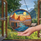 Egypt Pyramid Stained Glass Suncatcher, Round Desert Sunset Window Panel with Travelers and River, Ancient History Glass Art Home Decor Gift