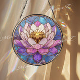 Lotus Flower Stained Glass Suncatcher, Round Pink and Purple Window Panel with Golden Center, Spiritual Zen Glass Art Meditation Home Decor