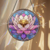 Lotus Flower Stained Glass Suncatcher, Round Pink and Purple Window Panel with Golden Center, Spiritual Zen Glass Art Meditation Home Decor
