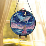 Whale and Girl Stained Glass Suncatcher, Round Ocean Moonlit Night Window Panel, Dreamy Fantasy Glass Art Home Decor Gift