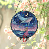Whale and Girl Stained Glass Suncatcher, Round Ocean Moonlit Night Window Panel, Dreamy Fantasy Glass Art Home Decor Gift