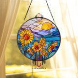 Sunflower Stained Glass Suncatcher, Round Sunset Mountain Window Panel, Bright Floral Glass Art Home Decor Gift for Nature Lovers