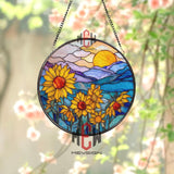 Sunflower Stained Glass Suncatcher, Round Sunset Mountain Window Panel, Bright Floral Glass Art Home Decor Gift for Nature Lovers