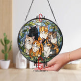 Cat Lovers Stained Glass Suncatcher, Round Window Panel with Six Colorful Cats and Green Leaves, Whimsical Pet Lover Home Decor Gift