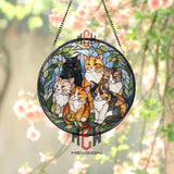 Cat Lovers Stained Glass Suncatcher, Round Window Panel with Six Colorful Cats and Green Leaves, Whimsical Pet Lover Home Decor Gift