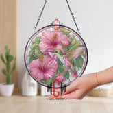 Hummingbird Stained Glass Suncatcher, Round Pink Ribbon Hibiscus Window Panel, Breast Cancer Awareness Floral Home Decor Gift
