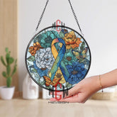 Multicolor Ribbon Stained Glass Suncatcher, Round Floral Butterfly Awareness Window Panel, Support Memorial Sun Catcher Gift