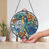 Multicolor Ribbon Stained Glass Suncatcher, Round Floral Butterfly Awareness Window Panel, Support Memorial Sun Catcher Gift