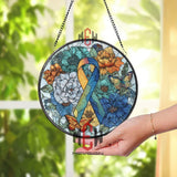 Multicolor Ribbon Stained Glass Suncatcher, Round Floral Butterfly Awareness Window Panel, Support Memorial Sun Catcher Gift