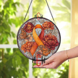 Orange Ribbon Stained Glass Suncatcher, Round Awareness Window Panel with Butterflies and Flowers, Support and Remembrance Gift