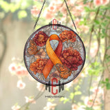 Orange Ribbon Stained Glass Suncatcher, Round Awareness Window Panel with Butterflies and Flowers, Support and Remembrance Gift