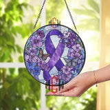 Purple Ribbon Stained Glass Suncatcher, Round Awareness Window Panel with Butterflies and Flowers, Support and Remembrance Gift