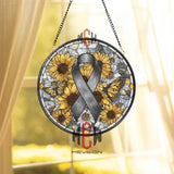 Gray Ribbon Stained Glass Suncatcher, Round Awareness Window Panel with Sunflowers and Butterflies, Support and Remembrance Gift