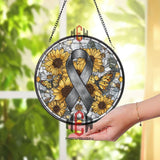 Gray Ribbon Stained Glass Suncatcher, Round Awareness Window Panel with Sunflowers and Butterflies, Support and Remembrance Gift