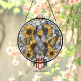 Gray Ribbon Stained Glass Suncatcher, Round Awareness Window Panel with Sunflowers and Butterflies, Support and Remembrance Gift
