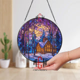 Cozy Cabin Winter Stained Glass Suncatcher, Round Snowy Forest Window Panel with Moonlight, Rustic Lodge Glass Art Home Decor