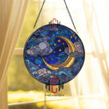 Moon and Stars Stained Glass Suncatcher, Round Crescent Moon with Clouds and Starry Sky Window Panel, Celestial Night Glass Art Decor