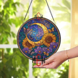Sunflower Moon Stained Glass Suncatcher, Round Crescent Moon with Butterflies and Flowers Window Panel, Celestial Floral Glass Art Decor