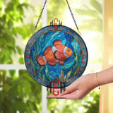 Clownfish Stained Glass Suncatcher, Round Ocean Sea Life Window Panel, Colorful Underwater Marine Glass Art Decor for Beach Lovers