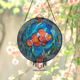 Clownfish Stained Glass Suncatcher, Round Ocean Sea Life Window Panel, Colorful Underwater Marine Glass Art Decor for Beach Lovers