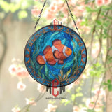 Clownfish Stained Glass Suncatcher, Round Ocean Sea Life Window Panel, Colorful Underwater Marine Glass Art Decor for Beach Lovers