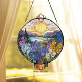 Sunrise Flower Field Stained Glass Suncatcher, Round Mountain Lake Window Panel, Colorful Iris and Wildflower Glass Art Decor