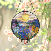 Sunrise Flower Field Stained Glass Suncatcher, Round Mountain Lake Window Panel, Colorful Iris and Wildflower Glass Art Decor