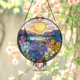 Sunrise Flower Field Stained Glass Suncatcher, Round Mountain Lake Window Panel, Colorful Iris and Wildflower Glass Art Decor
