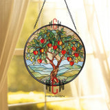 Peach Tree Stained Glass Suncatcher, Round Fruit Tree Window Panel with Vibrant Leaves and Blossoms, Nature Garden Glass Art Decor