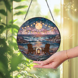 Coastal Sunset Stained Glass Suncatcher, Round Ocean Waves with Adirondack Chairs, Moonlight Beach Window Panel Home Decor
