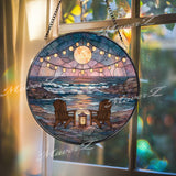 Coastal Sunset Stained Glass Suncatcher, Round Ocean Waves with Adirondack Chairs, Moonlight Beach Window Panel Home Decor