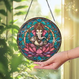 Ganesh Stained Glass Suncatcher, Round Lotus Flower Hindu God Window Panel, Spiritual Home Decor, Colorful Religious Gift for Meditation