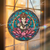 Ganesh Stained Glass Suncatcher, Round Lotus Flower Hindu God Window Panel, Spiritual Home Decor, Colorful Religious Gift for Meditation